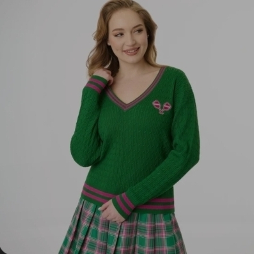 Unique Vintage Green V-Neck Sweater with Pink Trim